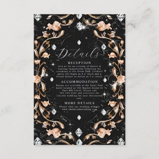 Luxe Black Floral Diamonds Wedding Informatiekaartje (Voorkant)