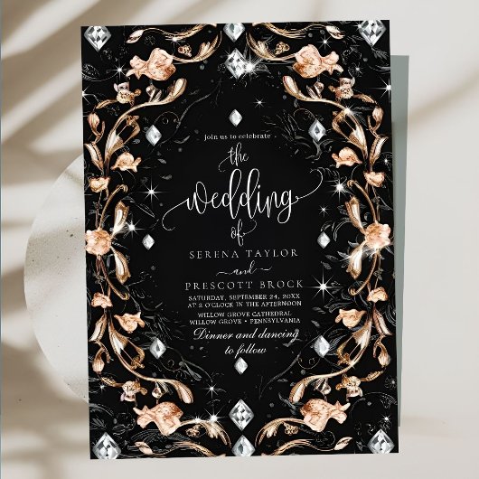 Luxe Black Floral Diamonds Wedding Kaart