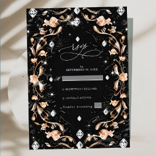 Luxe Black Floral Diamonds Wedding RSVP Kaartje