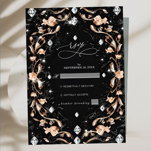 Luxe Black Floral Diamonds Wedding RSVP Kaartje