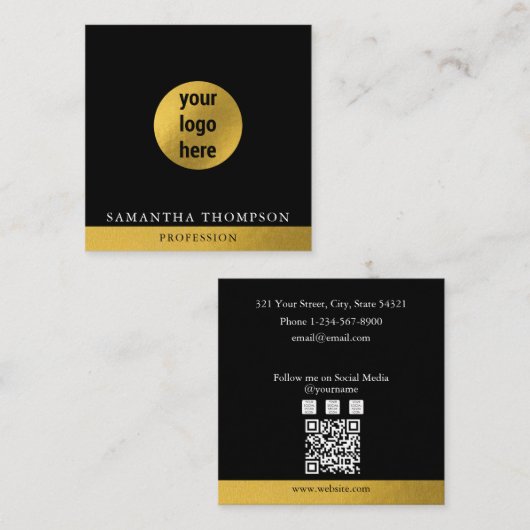 Luxe Black & Gold Business Logo QR-code Vierkante Visitekaartje (Voorkant / Achterkant)