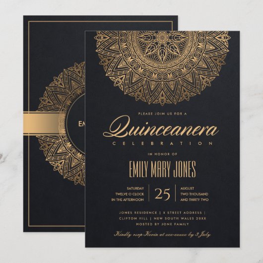 LUXE BLACK GOLD CLASSIC  MANDALA QUINCEANERA KAART (Voorkant / Achterkant)