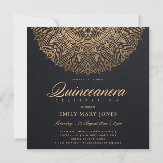 LUXE BLACK GOLD CLASSIC  MANDALA QUINCEANERA KAART (Voorkant)