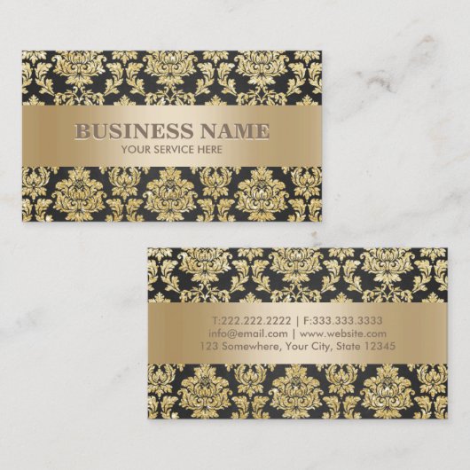 Luxe Black & Gold Damask Professional Visitekaartje (Voorkant / Achterkant)