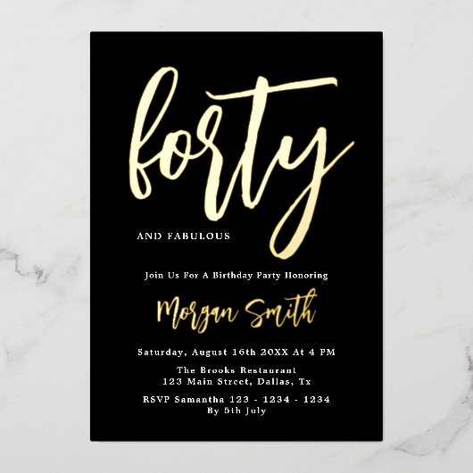 Luxe Black Gold Foil Elegant 40e verjaardag Folie Uitnodiging (Voorkant)