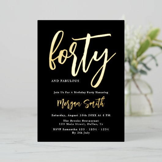 Luxe Black Gold Foil Elegant 40e verjaardag Folie Uitnodiging (Staand Voorkant)
