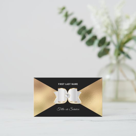Luxe Black Gold Foil White Bow Rhinestone Diamond Visitekaartje (Staand voorkant)