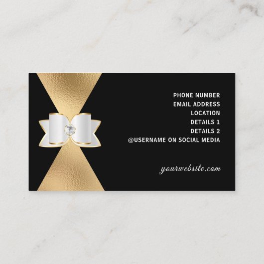 Luxe Black Gold Foil White Bow Rhinestone Diamond Visitekaartje (Achterkant)