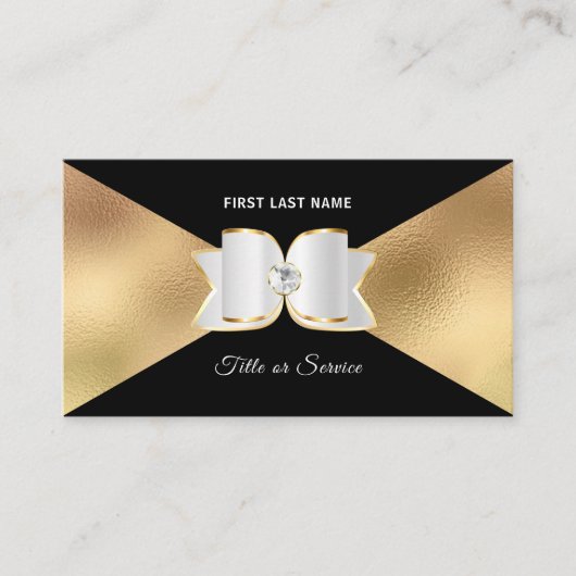 Luxe Black Gold Foil White Bow Rhinestone Diamond Visitekaartje (Voorkant)