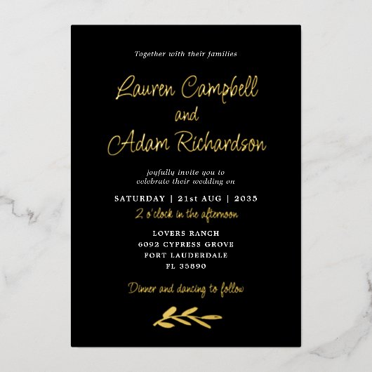 Luxe Black & Gold Folie Huwelijksuitnodiging Folie Uitnodiging (Voorkant)
