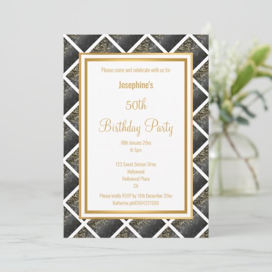 LUXE BLACK GOLD GRID 2 BIRTHDAY INVITATIE KAART (Staand voorkant)