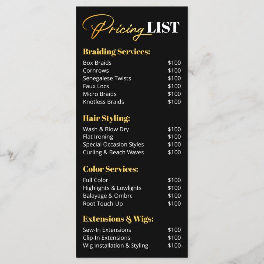Luxe Black Gold Hair Salon Services Prijslijst Menu (Achterkant)