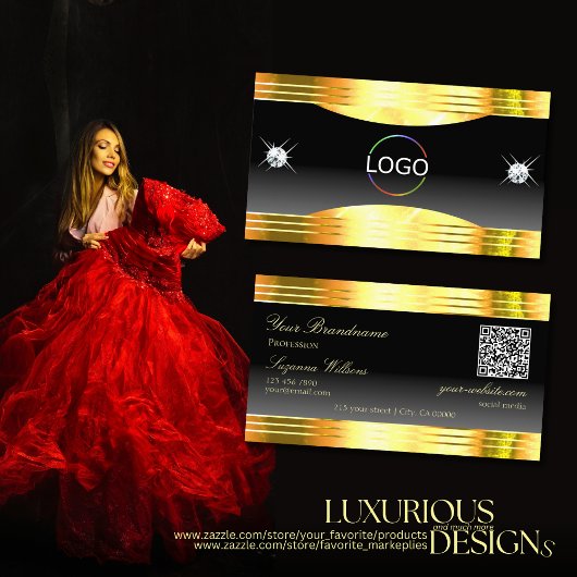 Luxe Black Ombre Gold Borders Logo QR-code Visitekaartje