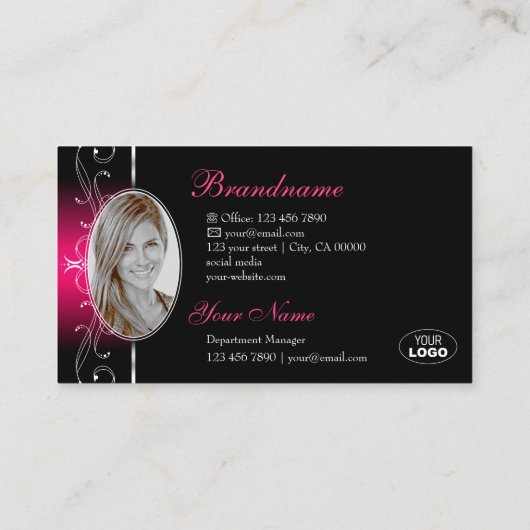 Luxe Black Pink Borders Logo en foto Visitekaartje (Achterkant)