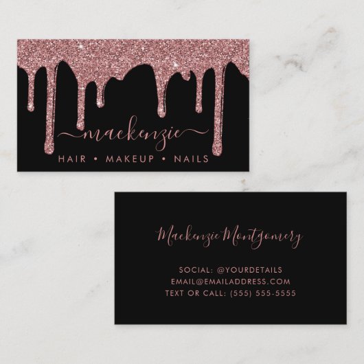 Luxe Black Roos Gold Sparkle Glitter Drips Visitekaartje (Voorkant / Achterkant)