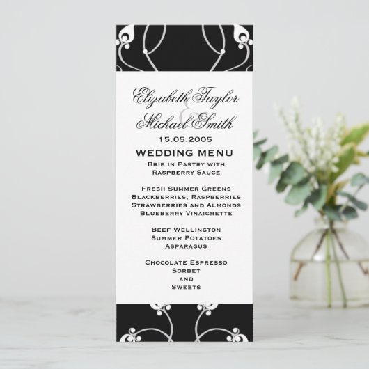 Luxe Black Swirls Damask Menu (Staand voorkant)
