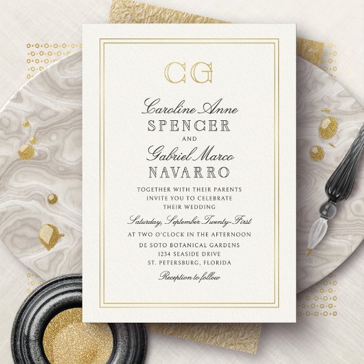 Luxe Black Tie Monogram Bruiloft Folie Uitnodiging