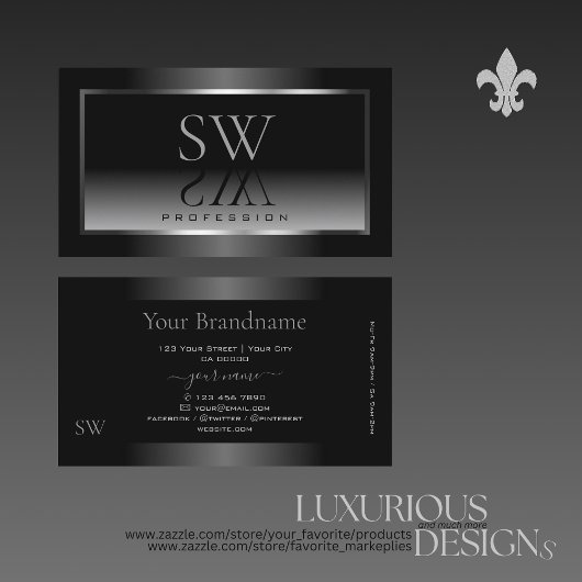 Luxe Black White Gradient Silver Lijst Monogram Visitekaartje