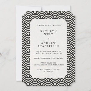 Luxe Black + White Wave Pattern Wedding Invitation Kaart