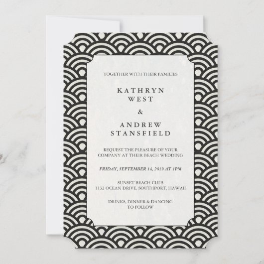 Luxe Black + White Wave Pattern Wedding Invitation Kaart (Voorkant)