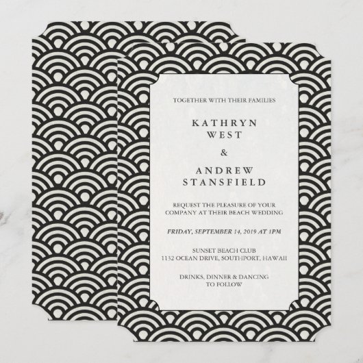Luxe Black + White Wave Pattern Wedding Invitation Kaart (Voorkant / Achterkant)