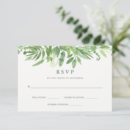 Luxe bladeren | Groene botanische bruiloft RSVP (Staand voorkant)