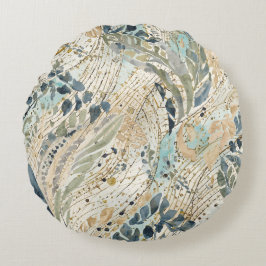 Luxe Bladerenpatroon met Goud, Salie, Beige Kleur Rond Kussen