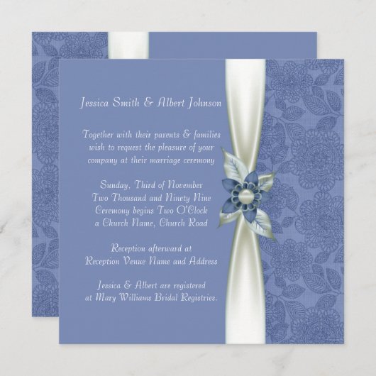 Luxe Blauw Bloemenlint Damask Bruiloft Uitnodigen Kaart (Voorkant / Achterkant)