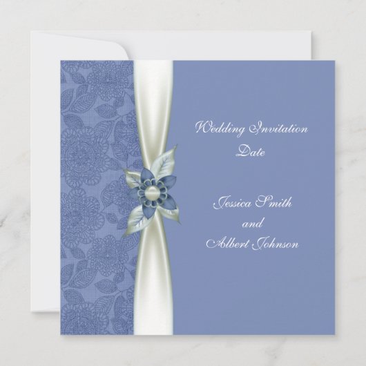 Luxe Blauw Bloemenlint Damask Bruiloft Uitnodigen Kaart (Achterkant)