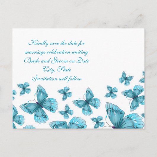 Luxe Blauw Elegant Butterfly Save Date Card Aankondigingskaart (Achterkant)