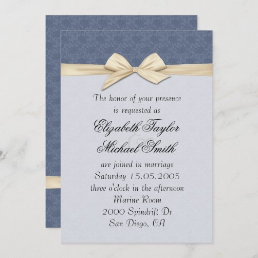 Luxe Blauw Elegant Damast Lint Bruiloft Uitnodigen Kaart (Voorkant / Achterkant)
