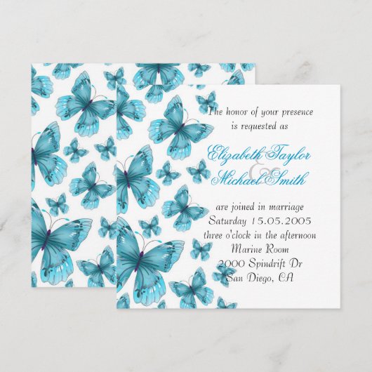 Luxe Blauw Elegant Vlinder Bruiloft Uitnodigen Kaart (Voorkant / Achterkant)
