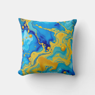 Luxe Blauw en Goud Alcohol Inkt Abstract Kussen
