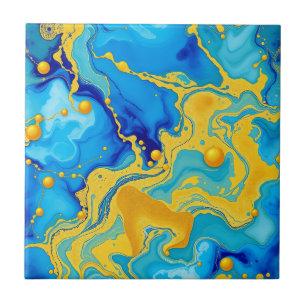 Luxe Blauw en Goud Alcohol Inkt Abstract Tegeltje