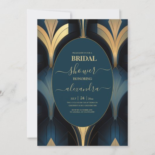 Luxe Blauw en Goud Art Deco Bridal Kaart (Voorkant)