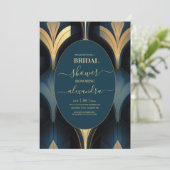 Luxe Blauw en Goud Art Deco Bridal Kaart (Staand voorkant)