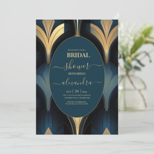 Luxe Blauw en Goud Art Deco Bridal Kaart (Staand voorkant)