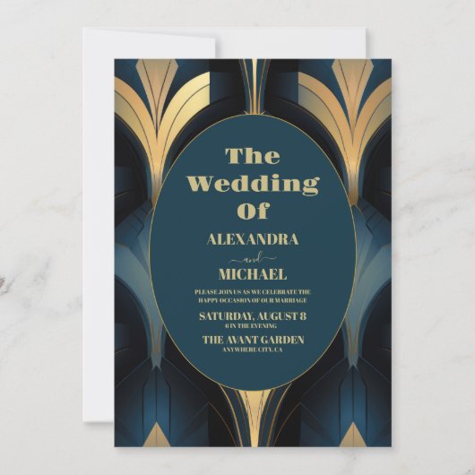 Luxe Blauw en Goud Art Deco Bruiloft Kaart (Voorkant)