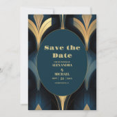 Luxe Blauw en Goud Art Deco Bruiloft Save The Date (Voorkant)