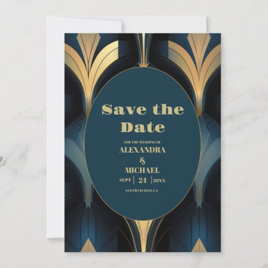 Luxe Blauw en Goud Art Deco Bruiloft Save The Date (Voorkant)
