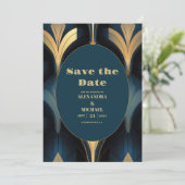 Luxe Blauw en Goud Art Deco Bruiloft Save The Date (Staand voorkant)