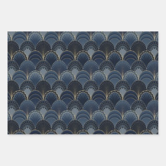 Luxe blauw en goud Art Deco Patroon Inpakpapier Vel (Voorkant 3)