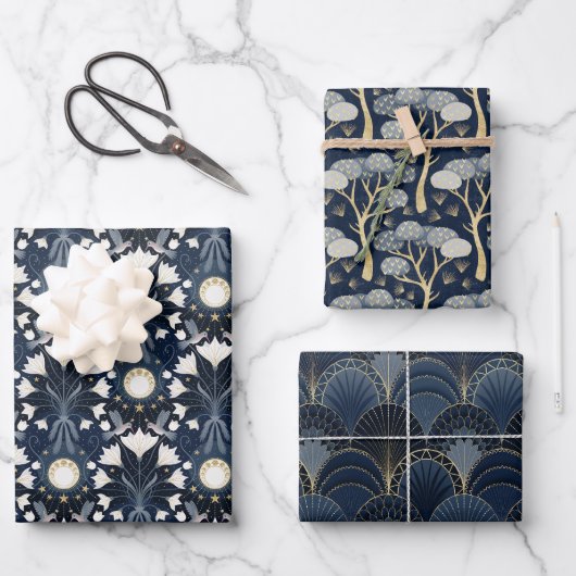 Luxe blauw en goud Art Deco Patroon Inpakpapier Vel (Voorkant)