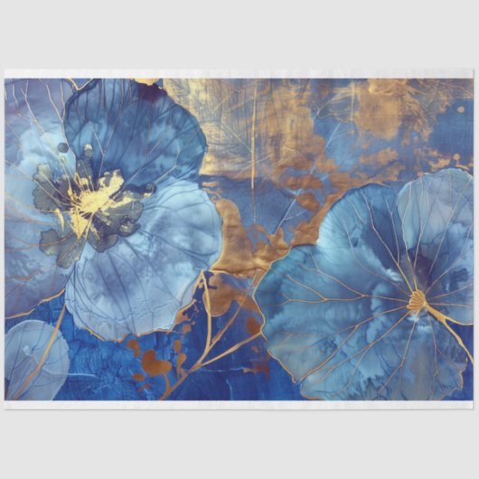 Luxe Blauw en Goud Bloemen Decoupage Tissuepapier (Voorkant)