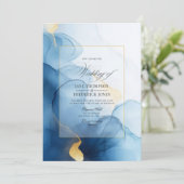 Luxe blauw en goud vloeiende inkt bruiloft kaart (Staand voorkant)