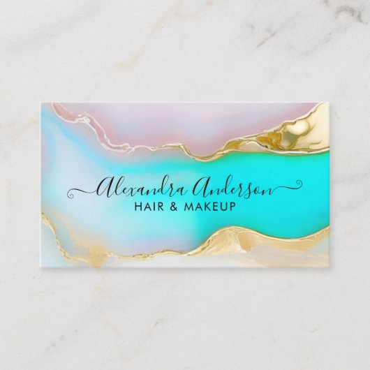 Luxe blauw goud agaat marmeren opaal script visitekaartje (Voorkant)