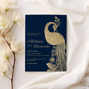 Luxe blauw goud koninklijke pauw elegante bruiloft kaart