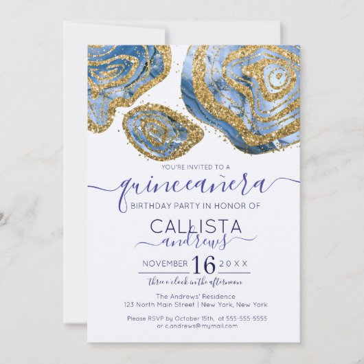 Luxe Blauw Goud Marmeren Agaat Glitter Quinceañera Kaart (Voorkant)