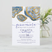 Luxe Blauw Goud Marmeren Agaat Glitter Quinceañera Kaart (Staand voorkant)