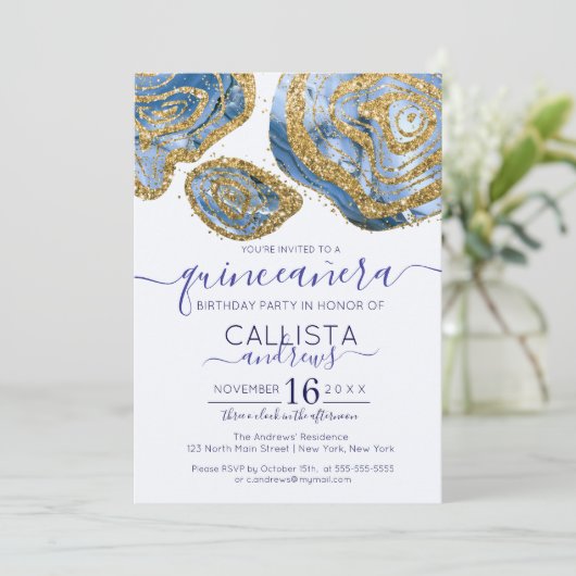 Luxe Blauw Goud Marmeren Agaat Glitter Quinceañera Kaart (Staand voorkant)
